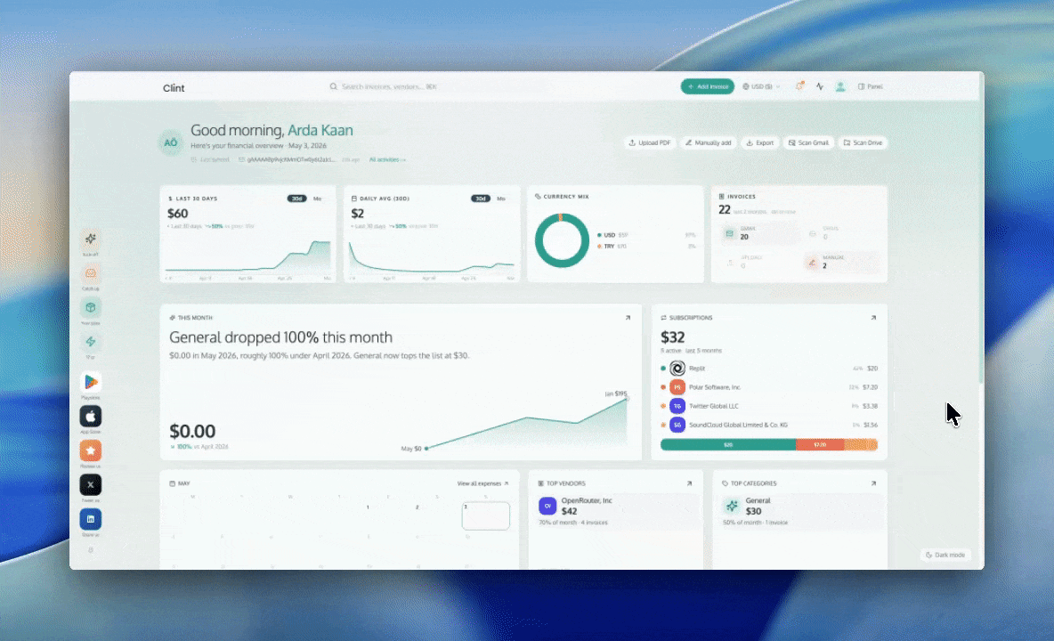 Animation showing how to add invoices in Clint via Gmail sync, PDF upload, photo scan, and manual entry